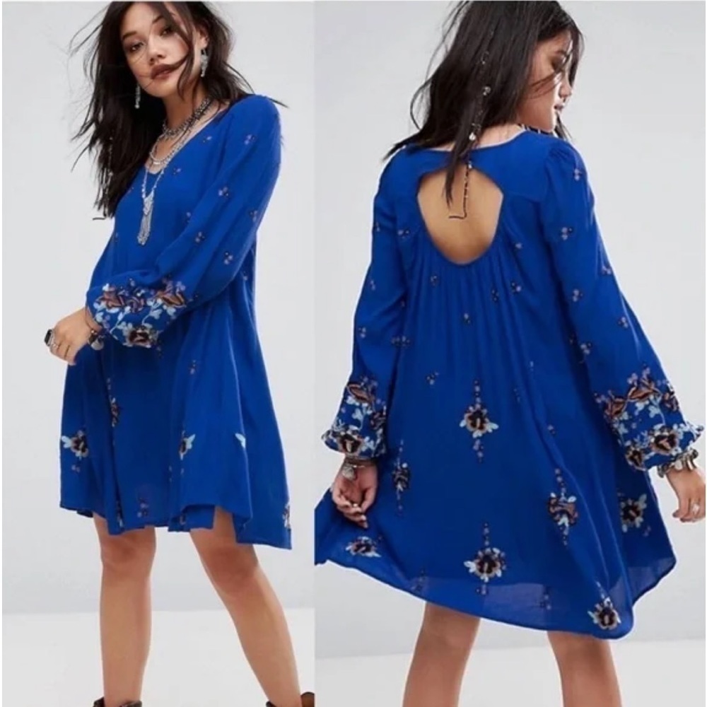 Free People Blue Embroidered Open Back Long Sleeve Dress